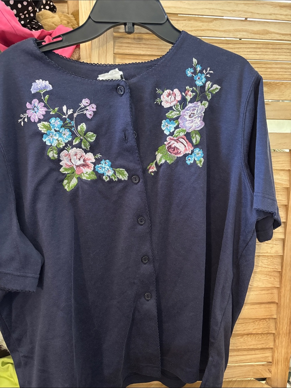BonWorth Navy Floral Embroidered Button-Front Short Sleeve Cardigan XLP